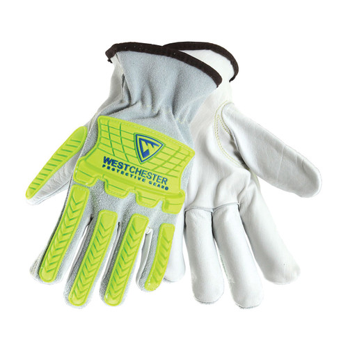 997KB Premium-Grade General Purpose Driver's Gloves, XL, Top Grain Cowhide Leather, Natural/High-Visibility Green