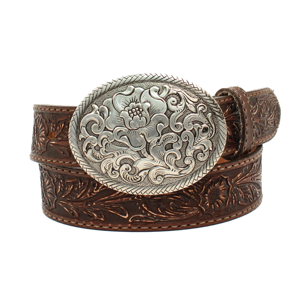 Leather Belt w Hand Dyed Floral Embossing - Made in USA - N3300002