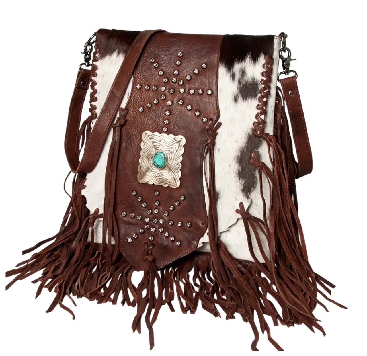 CLEARANCE! Brown and White Cowhide Carryall Leather Fringe Bag