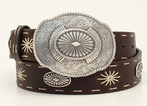 Lds Leather Belt w Starburst Stitch and Oval Conchos - D140000802