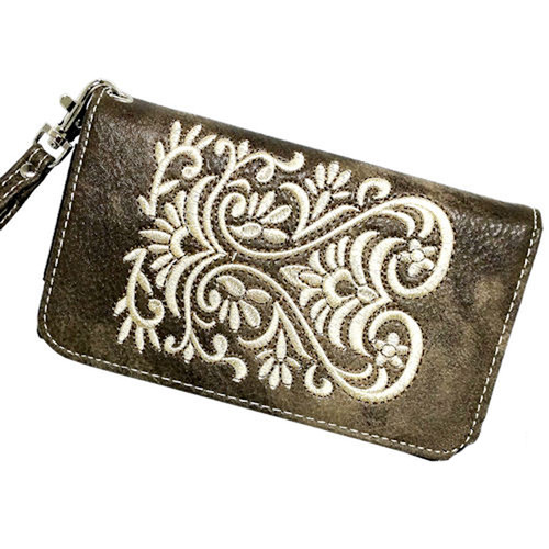 Tooled Embroidered Brown Phone Wallet