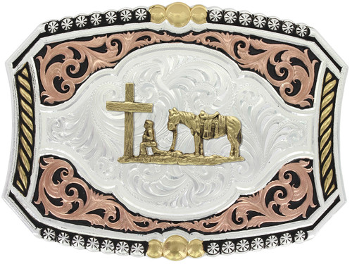Montana Silversmiths Pinched Buckle w/ Christian Cowboy - Tri-Color