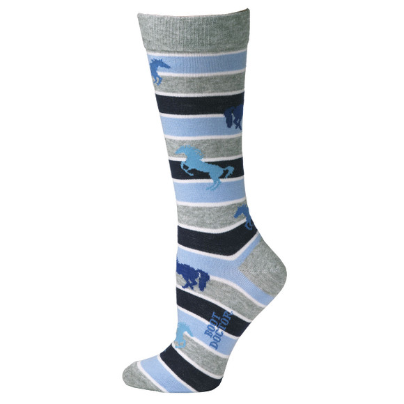 Lds Light Blue Crew Sock w Grey Stripes & Horse Pattern - 0418113