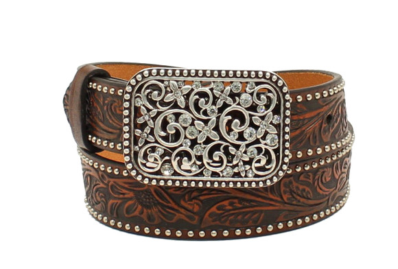 Floral Embossed Belt w SQ Floral and Crystal Buckle - A1303602