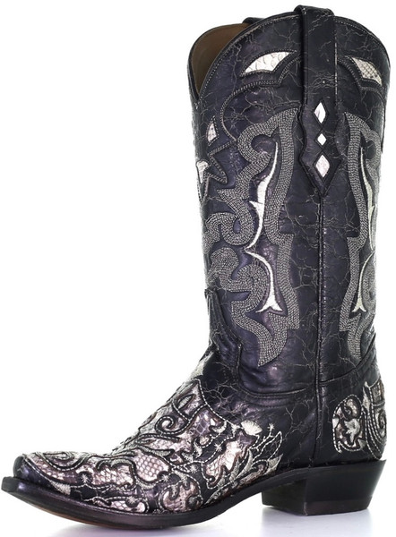 Black/Bone Python Inlay Western Boot - A4118