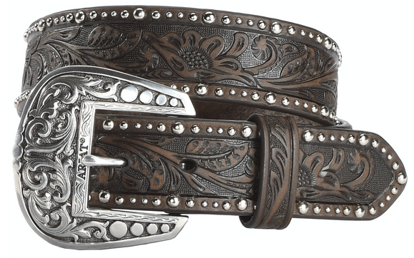 Lds Embossed Leather Belt w Nail Heads Around Edges - A1513802