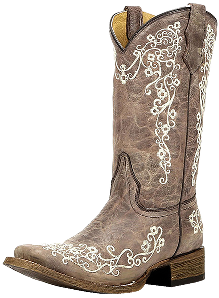 Corral Big Girl's Square Toe Embroidery Cowgirl Boots - Brown