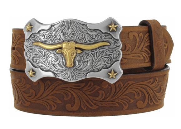 Little Texas Belt 1 1/4" LTHR Strap, Two-Tone Long Horn Buckle - C60119