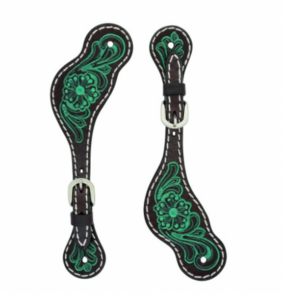 Ladies Carved Floral Design Spur Straps w Turq. Stain - 45-0425