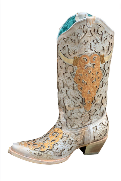 White Glitter Inlay & Bull Skull Embroidery Western Boot - A4408