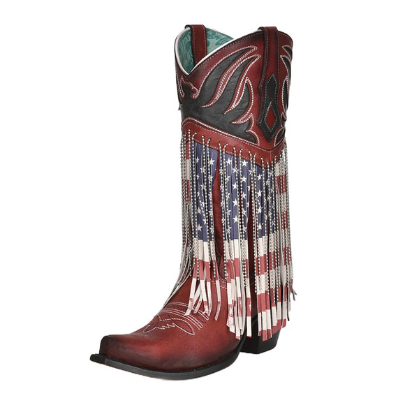 Stars, Stripes, Fringe Embroidery Western Boot - C4015