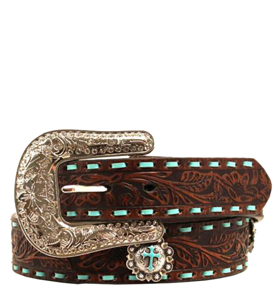 Nocona Women's Embossed Belt w/Turquoise Lacing - Brown