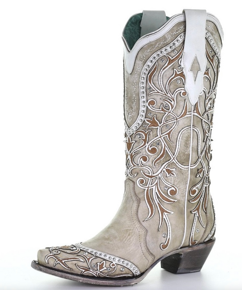 White Overlay & Embroidery Western Boot - A3837