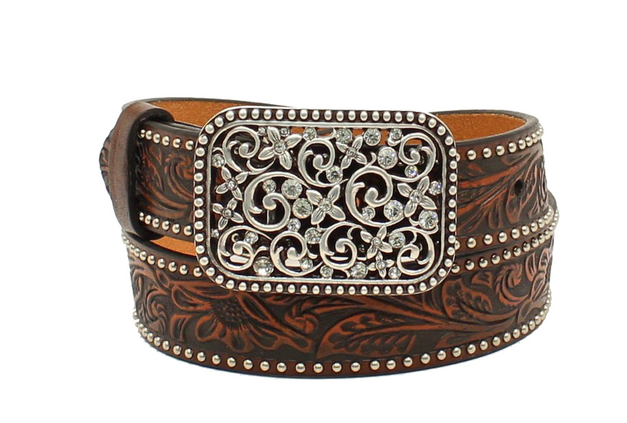 Floral Embossed Belt w SQ Floral and Crystal Buckle - A1303602