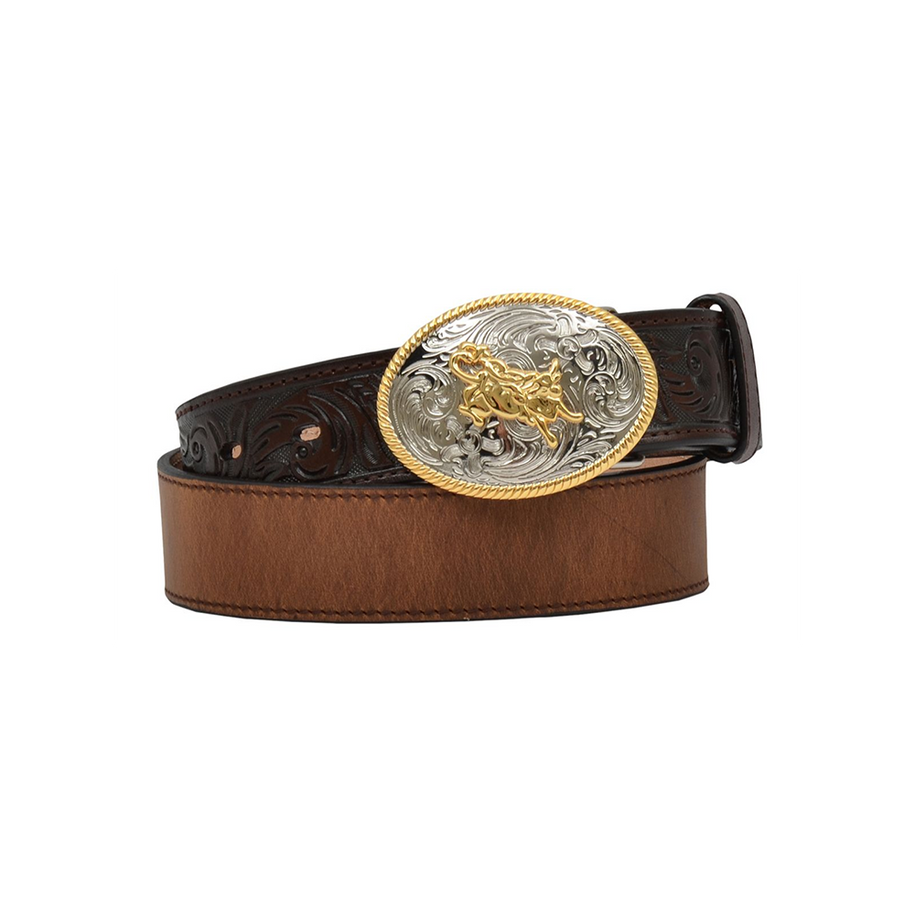Floral Embossed Leather Belt with Bullrider Buckle