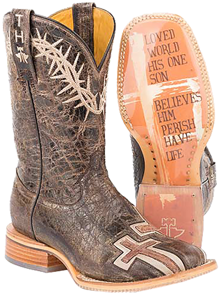 Tin Haul Women's Crackled Leather Cross Cowboy Boot w/John 3:16 Sole - Brown