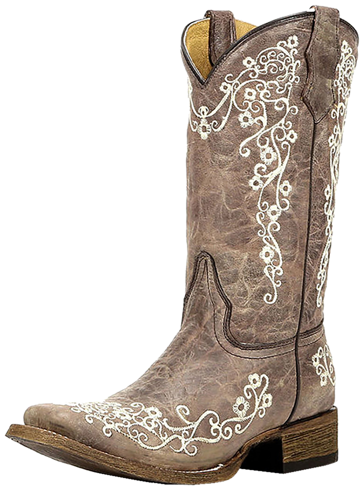 Corral Big Girl's Square Toe Embroidery Cowgirl Boots - Brown
