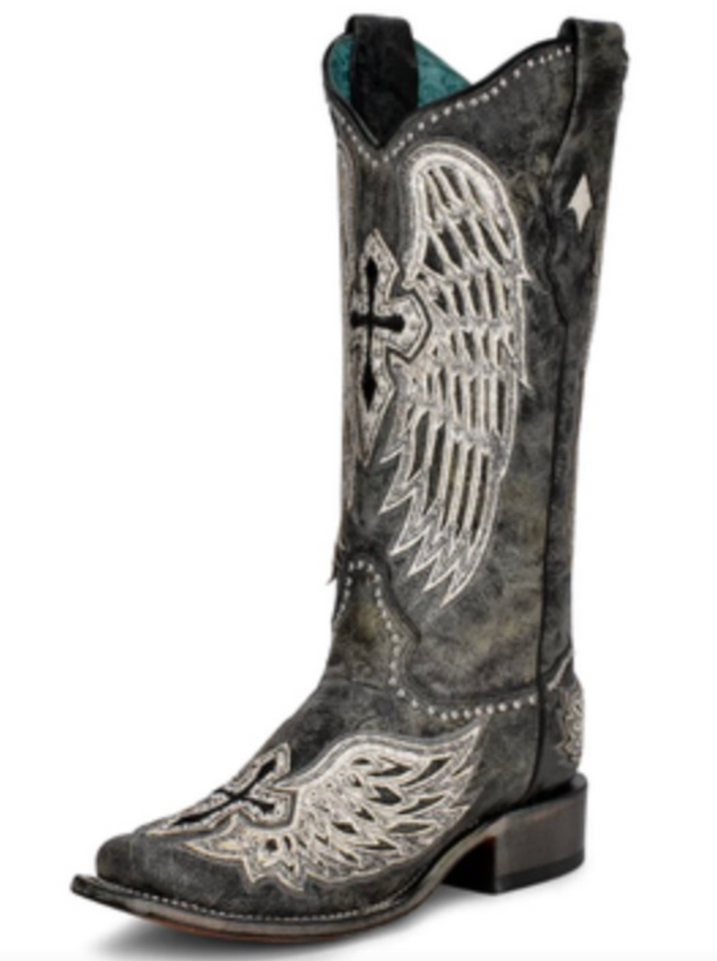 Black Cross & Wings Overlay Western Boots - A4243