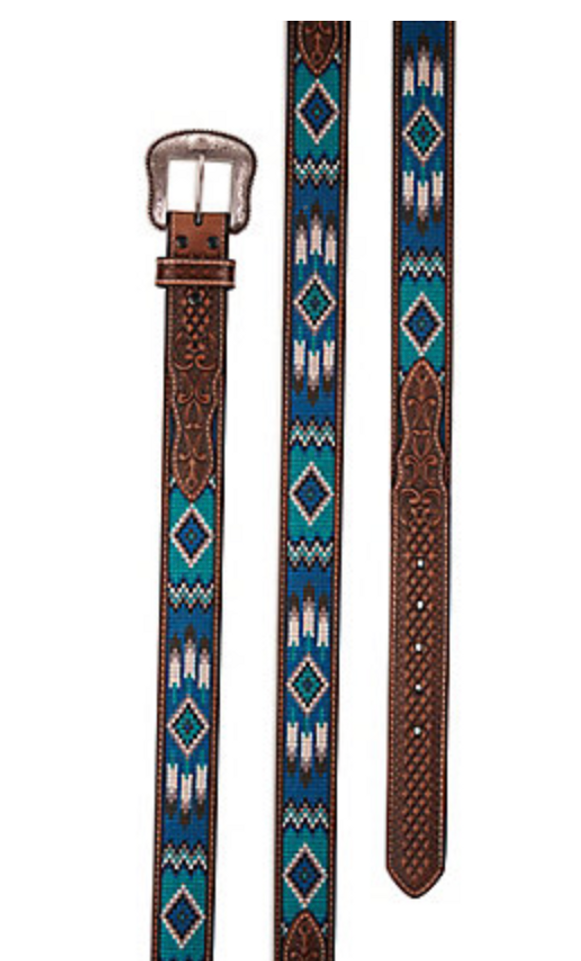 Men's Leather Belt w Embr. Blue & Turq. Southwestern Pattern - A1038702