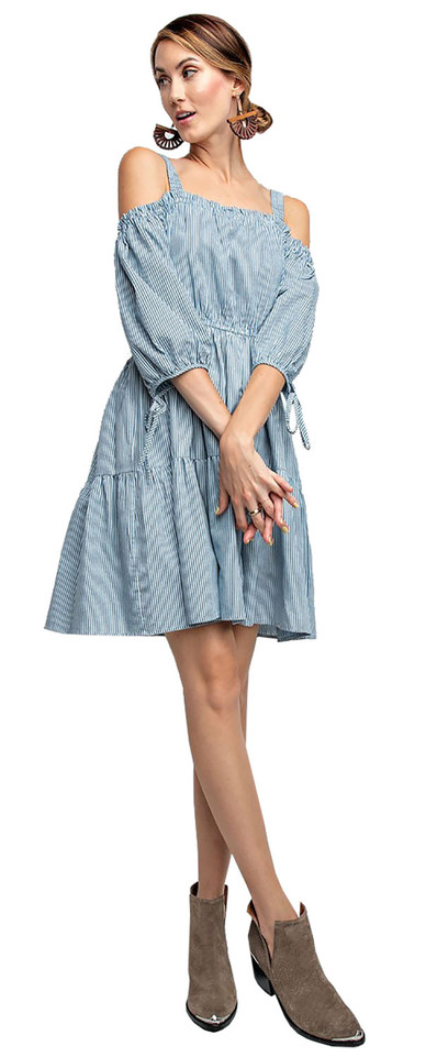 Women's Off Shoulder Striped Denim Dress - Blue