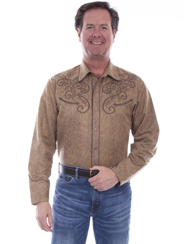 Men's LS Floral Tooled Embroidered Shirt - Tan -P-634TAN