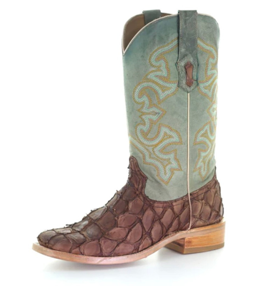 Brown and Turquoise Fish Embroidery Western Boot - A4048