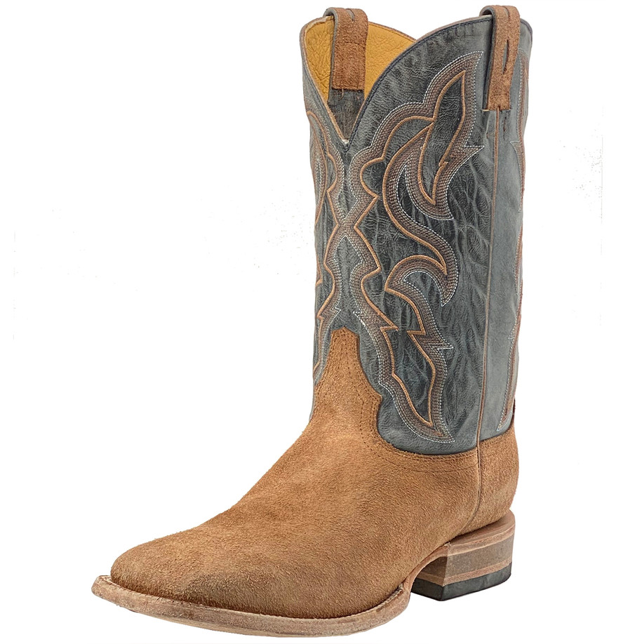 12" Roughout Cowhide Cowboy Boots w/ Denim Top - Brown