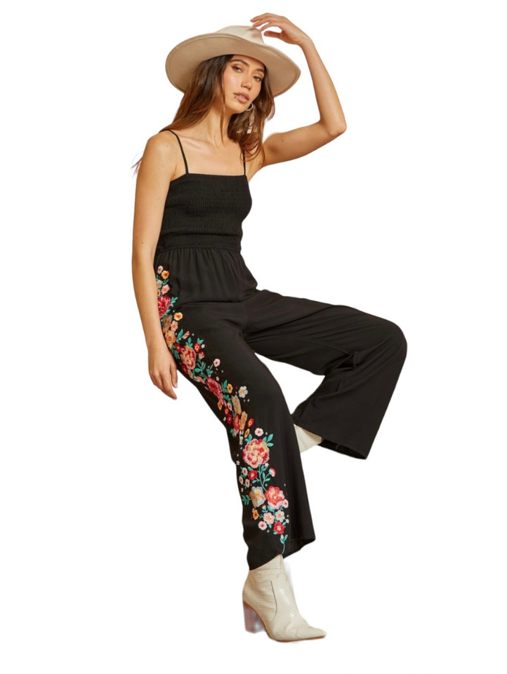 Ladies Black Jumpsuit w/ Floral Applique -R10187-BLACK