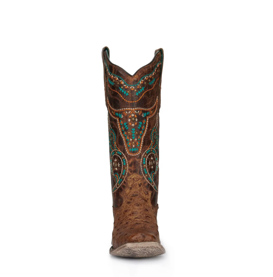 Youth Honey/Multi Ostrich Embroidery Western Boot - A4045
