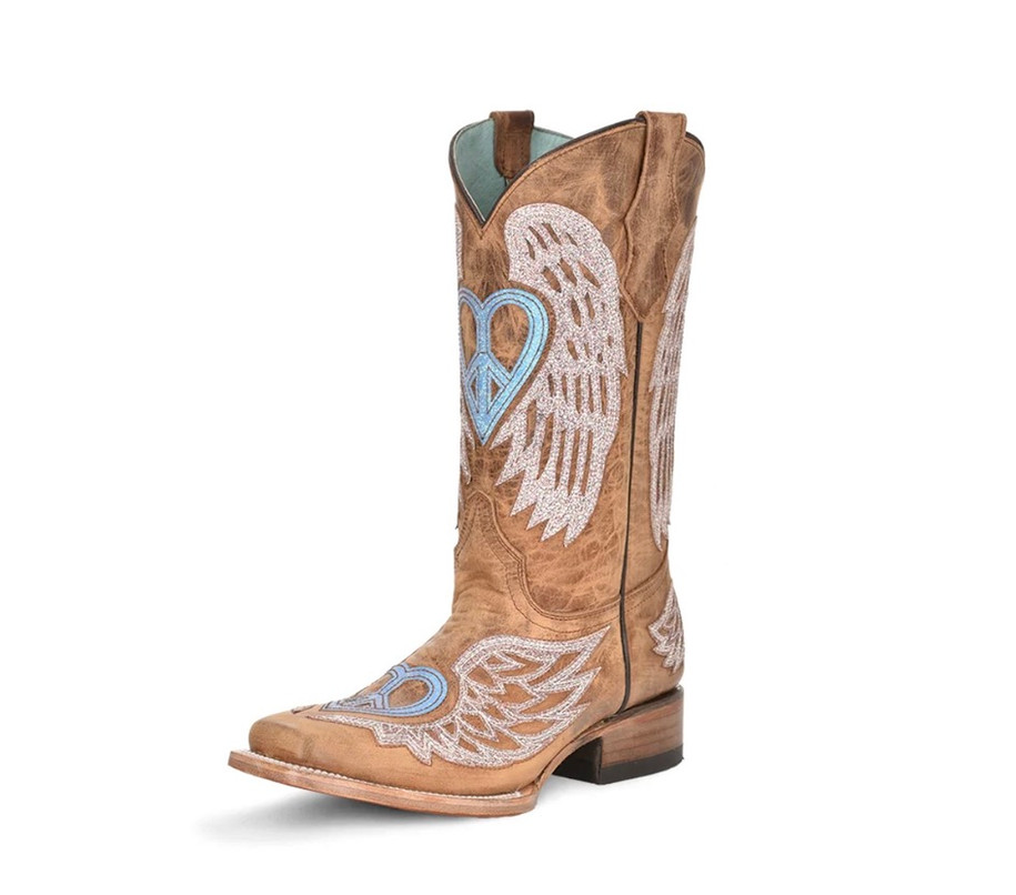 Youth Brown Glitter Heart Wings Overlay Western Boot - T0145