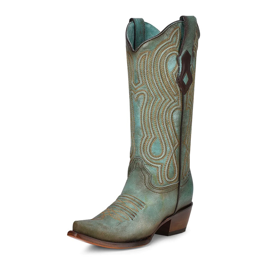 Turquoise Laser Embroidery Western Boot - C3870