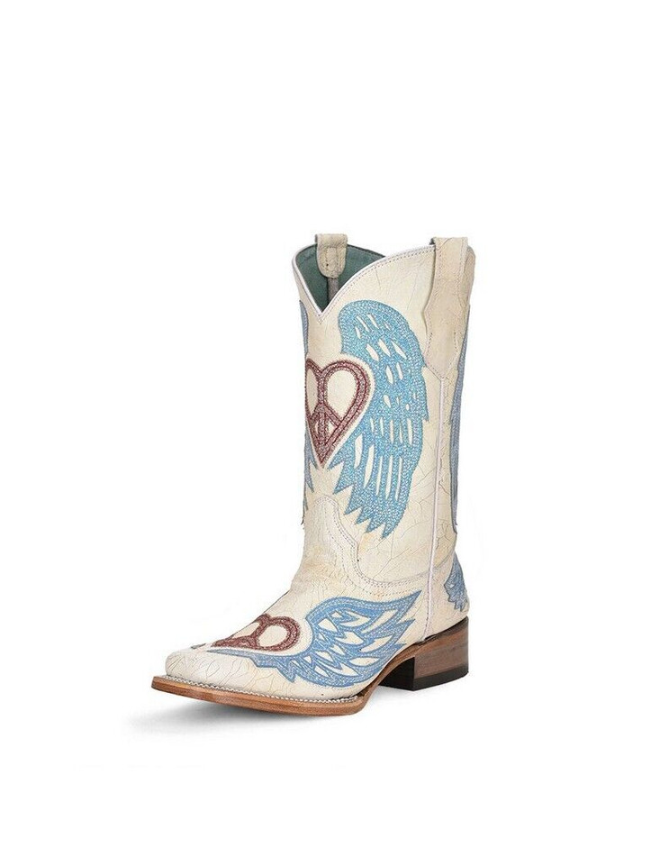 Youth White Glitter Heart Wings Overlay Western Boot - T0147