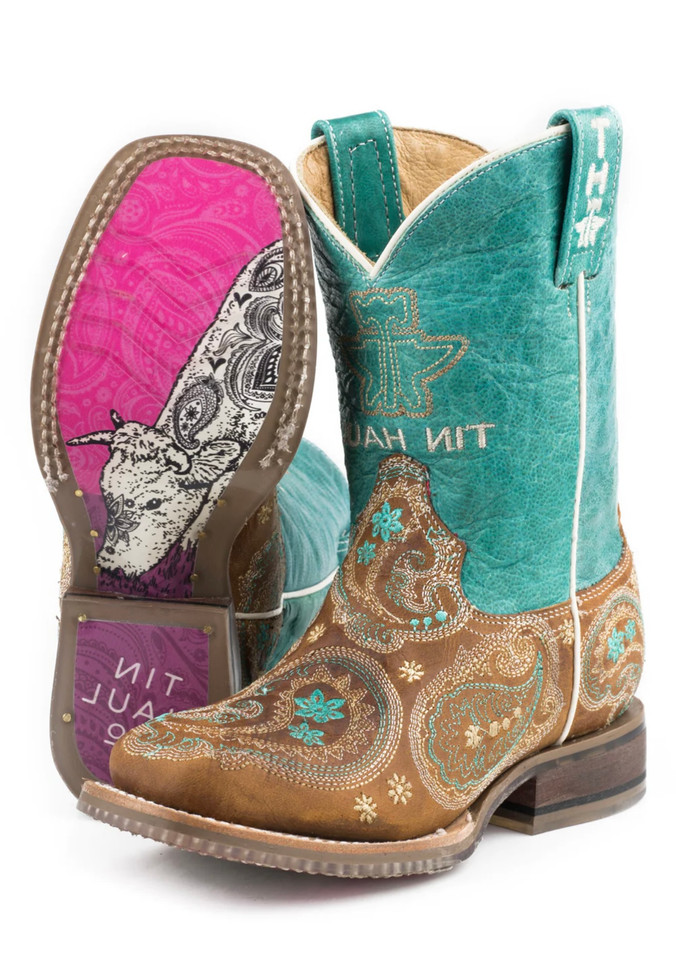 Tin Haul Boots Little Kids Pretty Paisley Tan Vamp with Turquoise Shaft