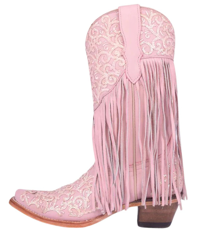 Youth Pink with Glitter Overlay and Fringe Western Boots - T0155