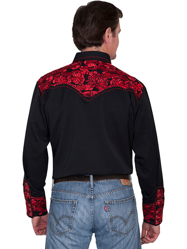 Gunfighter Floral Embroidery Western Snap Shirt - Black/Red