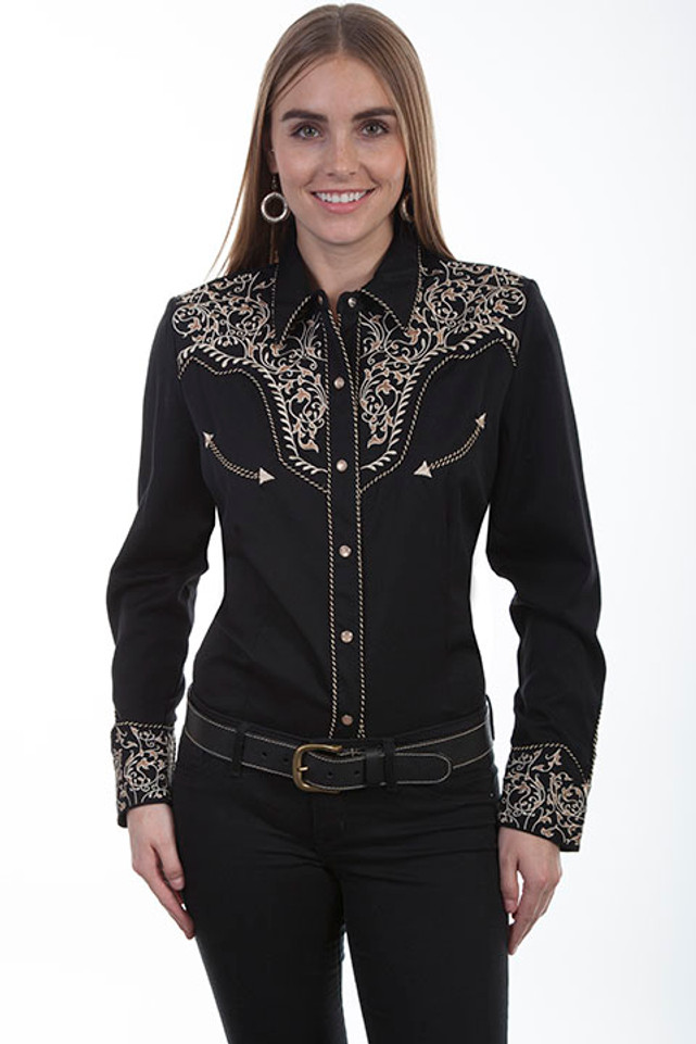 Vine Embroidery Candy Cane Piping Shirt - PL-866BLK