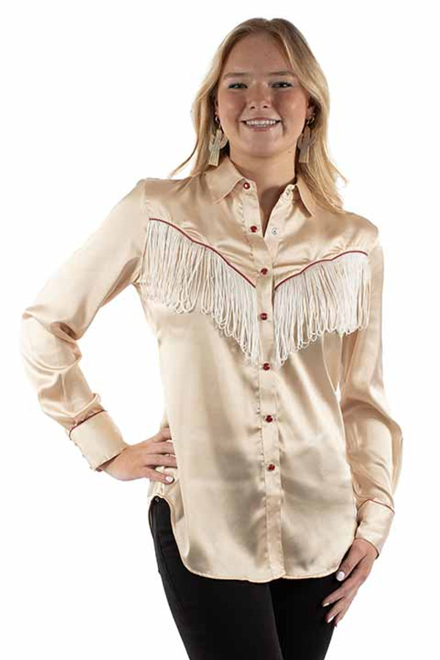 Solid Blouse w Piping and Fringe - HC922-TAN