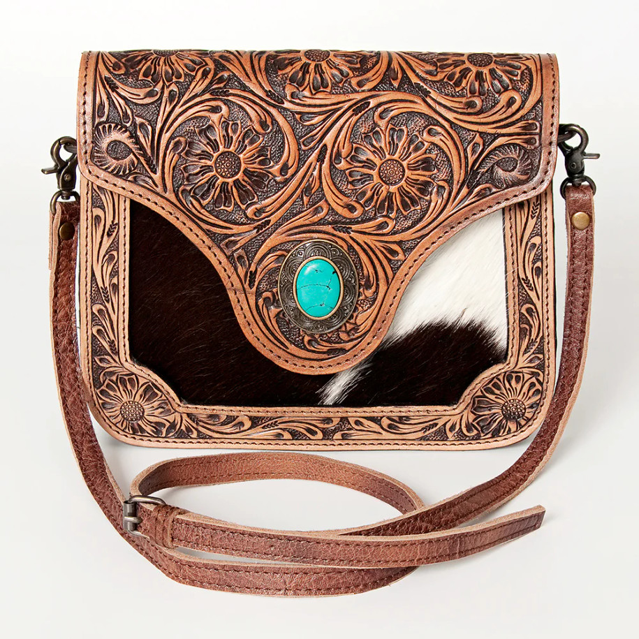 Tooled Leather Handbag with Turquoise Embellishments - ADBG826A