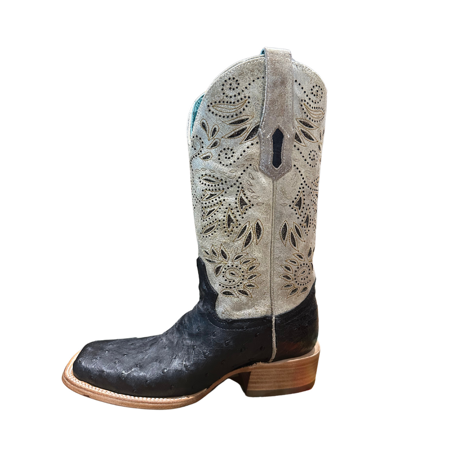 Black and Bone Ostrich Western Boot - A4530
