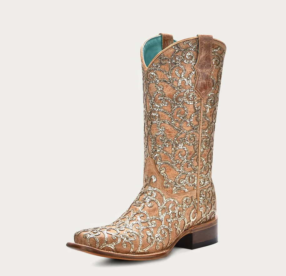 Youth Straw Glitter Inlay Embroidery Western Boot - T0179