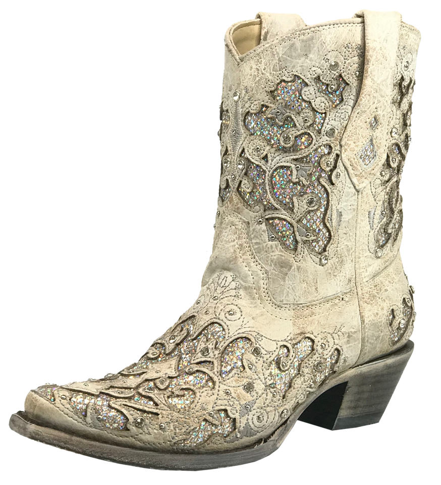 Corral Women's Glitter Inlay &amp; Crystals Short Cowgirl Boot - White
