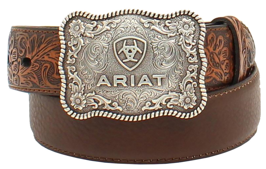 Boy's Ariat Tooled Belt w/ Silver Ariat Logo Buckle - Brown
