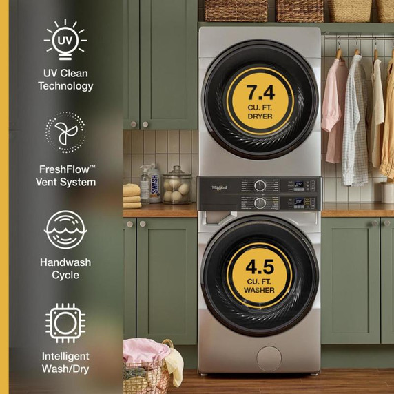 Whirlpool® Smart ENERGY STAR® Front Load Laundry Tower 5.2 cu. ft. Washer & 7.4 cu. ft. Electric Dryer with UV Clean Technology and FreshFlow™ Vent System YWEF5727TR