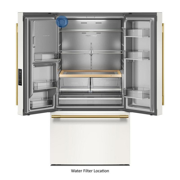 Kitchenaid® 30 Cu. Ft. 36-Inch French Door Refrigerator with Exterior Water and Ice Dispenser and Wood-Look Sliding Tray in Porcelain White KRFF436SPL