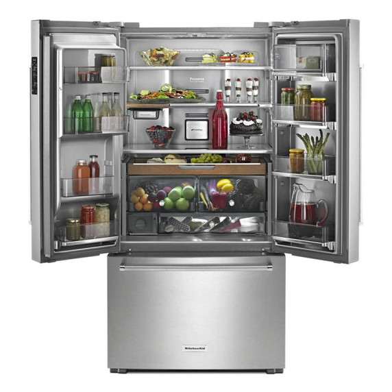 Kitchenaid® 23.8 cu. ft. 36" Counter-Depth French Door Platinum Interior Refrigerator with PrintShield™ Finish KRFC704FPS