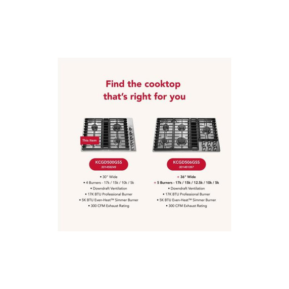 Kitchenaid® 30" 4 Burner Gas Downdraft Cooktop KCGD500GSS