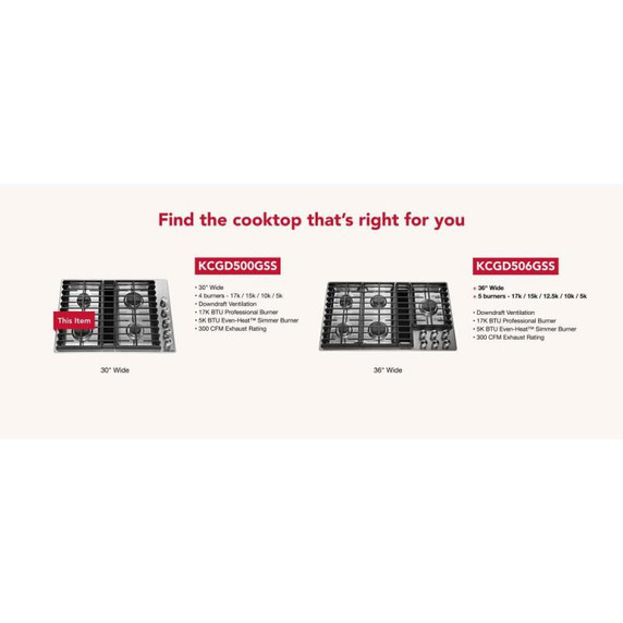 Kitchenaid® 30" 4 Burner Gas Downdraft Cooktop KCGD500GSS
