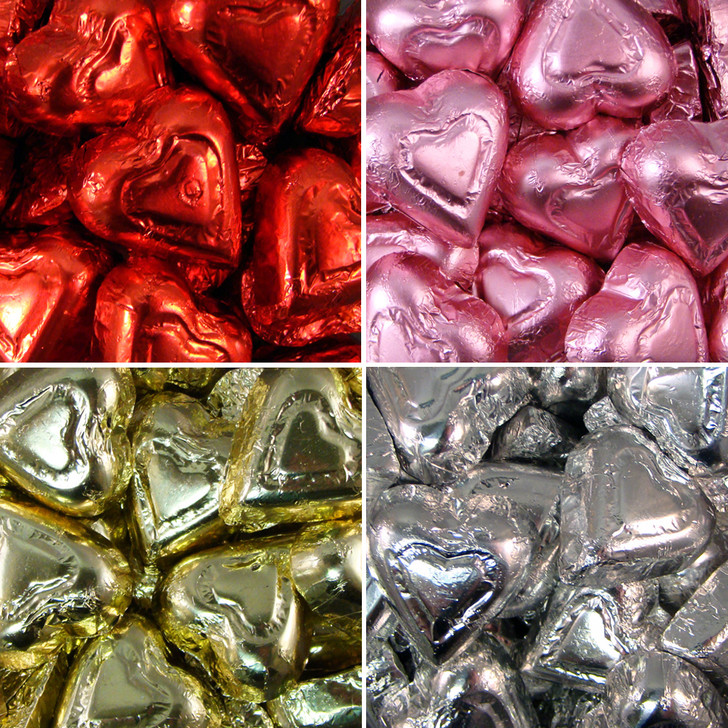 8 oz Foil Chocolate Hearts - Available in Pink, Red, Gold and Silver
