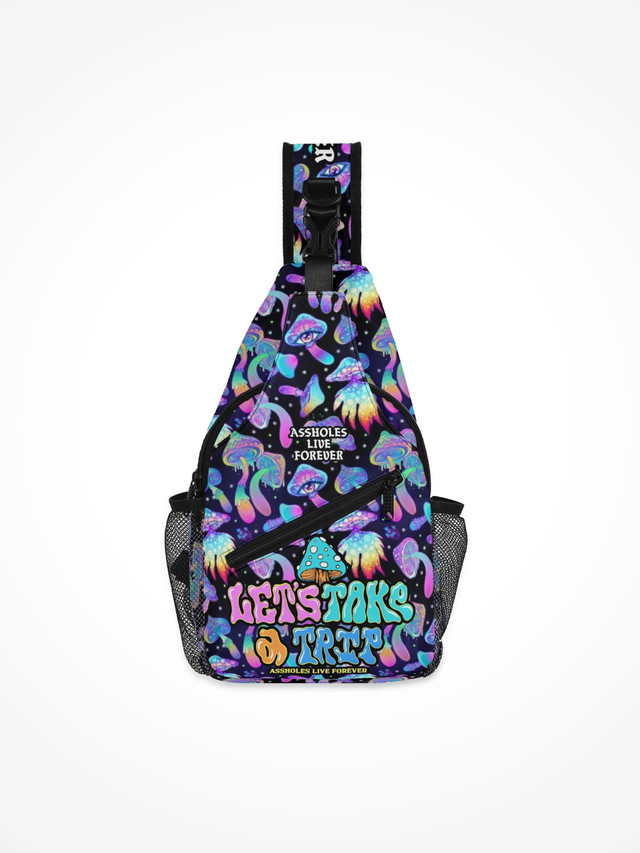 All-Over-Print Chest Crossbody Bag - Lets Take A Trip Purple Mushroom