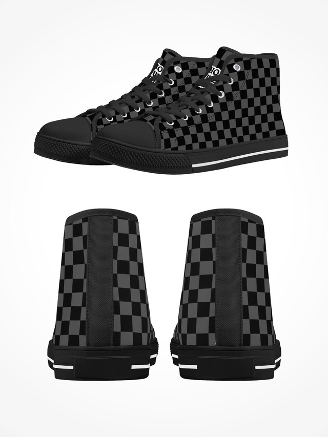 Men's High Top Canvas Shoes - Black On Black Checkerboard